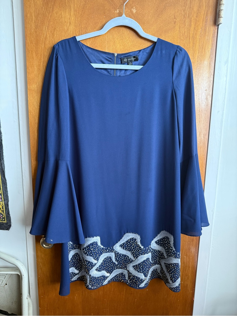 MM Couture Navy Long Sleeve Bell-Sleeve Dress with White Scallop Beaded Accent